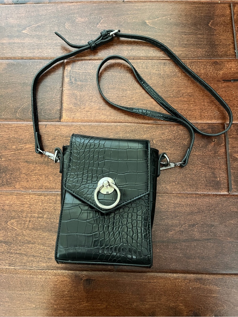 Peta + Jain Black Croc-Embossed Crossbody Bag with Silver Ring Accent